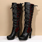 KysBloes Women Lace Goth Knee High Boots Buckle Block Heel Lace Up Knee Length Boots Punk Platform Tall Boots