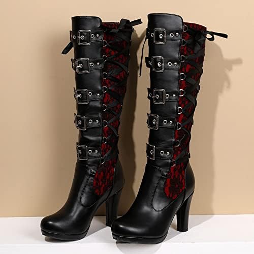 KysBloes Women Lace Goth Knee High Boots Buckle Block Heel Lace Up Knee Length Boots Punk Platform Tall Boots