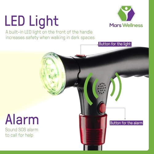 Smart Walking Cane with LED Light - Foldable, Adjustable Cane with Flashlight & Alarm for Seniors, Men & Women - Self Standing Tripod Cane - Collapsible Travel Support Stick