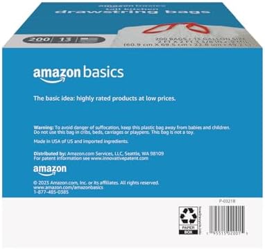 Amazon Basics Tall Kitchen Drawstring Trash Bags, Sturdy, 13 Gallon, Unscented, 200 Count
