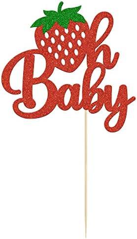 1Pc Strawberry Oh Baby Cake Topper Red Glitter Babyshower Strawberry Cake Pick Decoration for Sweet Fruit Theme Baby Shower Kids Birthday Party Supplies