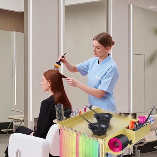 Salon Señor Multi-Function Salon Tray,Extension Hair Cart,Hairstylist Rolling Cart with Storage Platform and Hair Separator Stand,Gold
