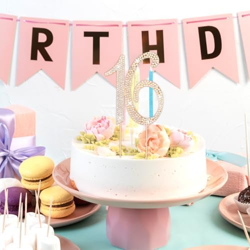 16 Cake Topper, Rhinestone 16th Birthday Cake Topper Happy 16 Crystal Rhinestones Cakes Toppers Crystal Rhinestones Birthdays Cakes Decoration for Quinceanera Birthday Anniversary(Gold)