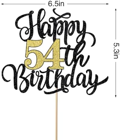 Happy 54th Birthday Cake Topper, Black Gold Glitter Birthday Cake Topper, 54th Anniversary/ 54th Birthday Party Decoration Supplies
