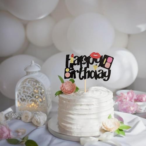 1PCS Makeup Happy Birthday Cake Topper Lipstick Lip Eyeshadow Glitter Cake Topper Decoration for Bridal Shower Women Makeup Theme Party Birthday Party Supplies