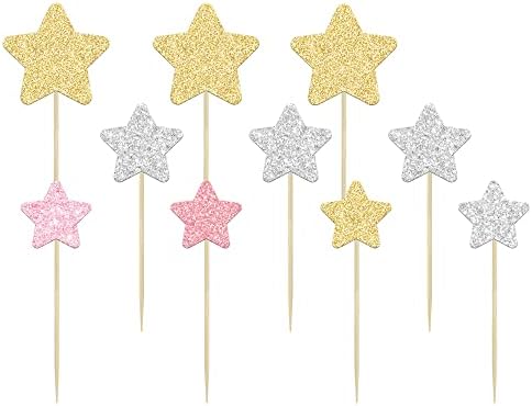 Gyufise 42Pcs Star Cupcake Toppers Gold Silver Pink Glitter Assembled Twinkle Star Cupcake Picks Wedding Engagement Bridal Shower Birthday Party Cake Decorations Supplies Mixed Size