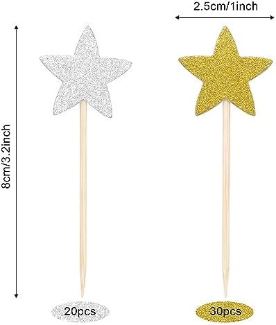 50 Pcs Star Cupcake Toppers Glitter Twinkle Star Cupcake Picks for Wedding Baby Shower Birthday Party(Gold,Silver)