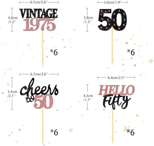 24 Pcs Glitter 50th Birthday Cupcake Toppers for Celebrating Fifty Years Old Birthday Party Decorations (Black&Rose Gold)
