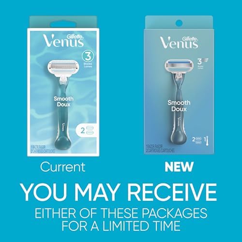 Gillette Venus Smooth Razor for Women, Includes 1 Reusable Razor Handle + 2 Count 3-Bladed Refills, Ergonomic Soft Grip Handle