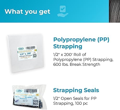 IDL Packaging Refill for Portable 1/2" Polypropylene (PP) Strapping Kits - 1/2" x 200' Polypropylene Strapping Coil with 600 lbs Break Strength and 100 of 1/2" Open Seals