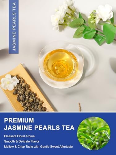 TeeLux Jasmine Pearls Green Tea, Handrolled Green Tea Loose Leaf with Delightful Aroma, Natural Jasmine Pearl Tea, 4 Ounce