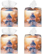 Cute Christmas Snowman Tissue Box Cover Square,Winter Christmas Snowman Tissue Box Holder Waterproof Leather Facial Paper Organizer Dispenser for Bathroom Home Car Nightstand Vanity Desk