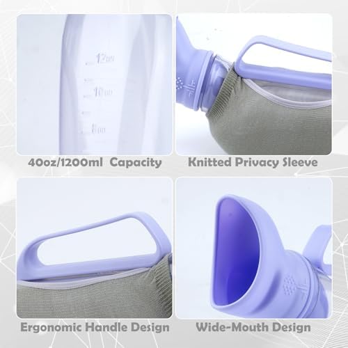 Urinal for Women - 40oz/1200ml Large Capacity Leakproof Pee Bottle with Knitted Sleeve & Cleaning Brush, Portable Travel Urinals for Women