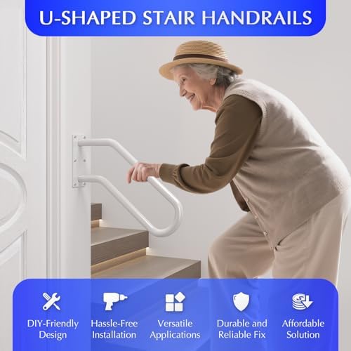 Hand Rails for Outdoor 1-2 Steps, Indoor Stairs, Bathroom, Wall Mount Non-Slip U-Shape Stair Hand Railing White 1 Pack