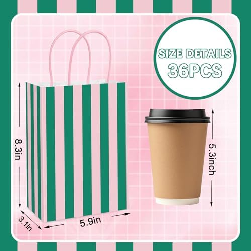 Whaline 36Pcs Pink Green Stripe Paper Bag Treat Bags with Handles Candy Goodie Bags for Birthday Baby Shower Wedding Party Favors Supplies
