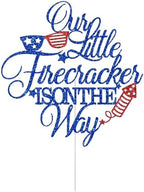 Our Little Firecracker is on The Way Cake Topper, Patriotic Baby Shower Cake Topper, 4th of July Baby Shower Gender Reveal Party Decorations Glitter