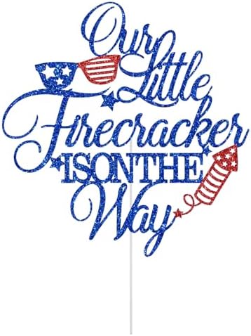 Our Little Firecracker is on The Way Cake Topper, Patriotic Baby Shower Cake Topper, 4th of July Baby Shower Gender Reveal Party Decorations Glitter