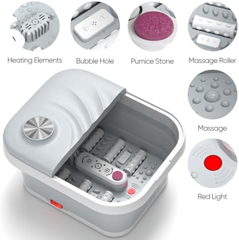 LUBBYGIM New Collapsible Foot Spa Bath with Heat, Foldable Foot Bath Massager with Bubble, Red Light, 6 Shiatsu Massage Rollers, Foot Soaking Tub with Temperature Control for Soft Feet & Relax(Gray)