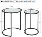 Yaheetech Round Nesting End Table Set of 2,Stacking Side Tables,Coffee Tables Set w/Metal Frame & Glass Top & Protective Foot Pads for Small Space, Living Room, Office- Black