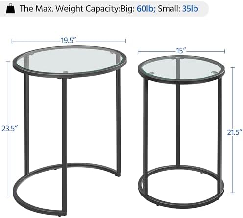 Yaheetech Round Nesting End Table Set of 2,Stacking Side Tables,Coffee Tables Set w/Metal Frame & Glass Top & Protective Foot Pads for Small Space, Living Room, Office- Black