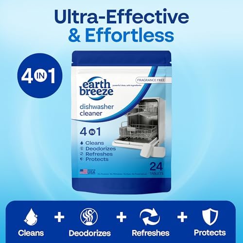 Earth Breeze Dishwasher Cleaner Tablets – 4-in-1 Cleans, Deodorizes, Refreshes & Protects – Removes Odor, Buildup & Residue – Fragrance Free, No Harsh Chemicals, Safe for All Dishwashers - Made in USA