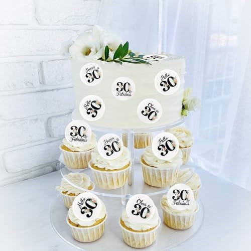 40Pcs Edible Circle Happy 30th Birthday Cupcake Toppers Edible Floral Hello 30 Fabulous Cheers to 30 Cupcake Picks Drink Toppers for Funny Female Floral 30th Birthday Party Decorations