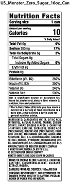 Monster Energy Zero Sugar, Low Calorie Energy Drink, 16 Ounce, 4 Pack