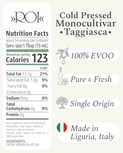 ROI Monocultivar Taggiasca Extra Virgin Olive Oil from Liguria Italy - Italian Olive Oil from Italy, First Cold Pressed EVOO, High Polyphenols, Fresh Harvest Premium EVOO - 16.9 fl oz (500ml)