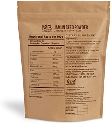 MB Herbals Jamun Seed Powder 227G (8 oz) | Eugenia jambolana | Java Plum Sd. | 75 Days Supply