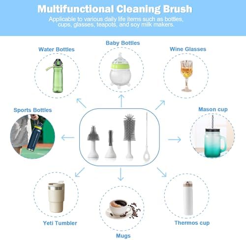 Electric Baby Bottle Brush Set with Rechargeable Electric Bottle Brush Cleaner and Replaceable Silicone Bottle Brushes and Straw Brush Cleaner, Waterproof Multi-Purpose Cleaning Brush (White)