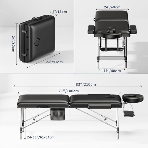 Brelley Massage Table Portable, 2-Fold Lash Bed with Side Pocket, Adjustable Height, Sturdy Aluminum Frame, Esthetician Spa Facial Tattoo Bed with Face Cradle & Carrying Bag, Black