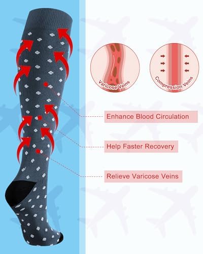 6 Pairs Travel Compression Socks for Men 15-25 mmHg Graduated Knee High Compression Socks for Pilot Flying Travel