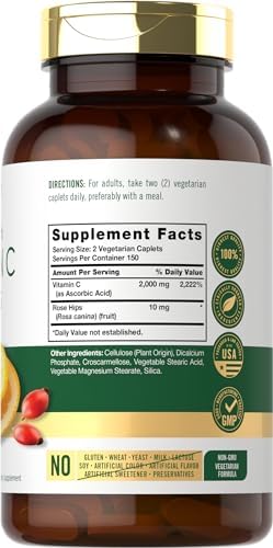 Carlyle Vitamin C 1000mg | 300 Vegetarian Caplets | Ascorbic Acid with Wild Rose Hips | High Strength Formula | Non-GMO and Gluten Free Supplement