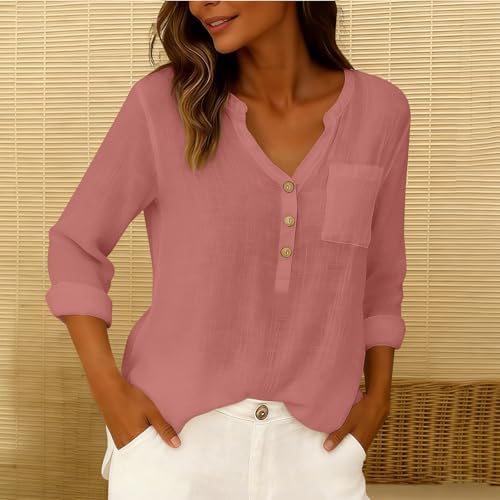 SMIDOW Womens Cotton Linen Tops Spring Fashion 2026 Long Sleeve v Neck Button Shirts Casual Loose Summer Tunic Blouses
