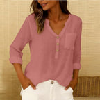 SMIDOW Womens Cotton Linen Tops Spring Fashion 2026 Long Sleeve v Neck Button Shirts Casual Loose Summer Tunic Blouses