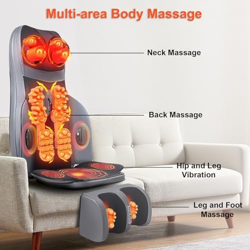 Lvrunben Shiatsu Back Massager with Heat, 3D Kneading Massage Chair Pad, Electric Massage Seat Cushion for Body, Neck,Shoulder, with Movable Multi-Function Leg and Foot Massager, for 62-69 inches