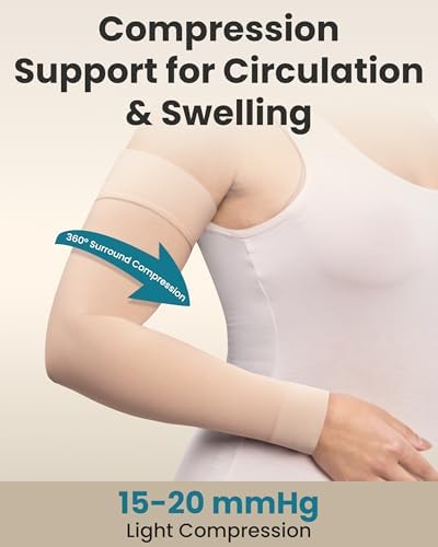 KEMFORD Compression Lymphedema Arm Sleeves for Women – 15-20 mmHg, Silicone Grip, 1 Pair, Beige, S/M – Medical Full Arm Support for Swelling, Circulation & Edema