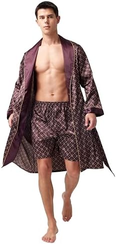 TONY AND CANDICE Men's Satin Robe Lightweight Long Sleeve Silk Kimono Bathrobe with Shorts Set Sleepwear