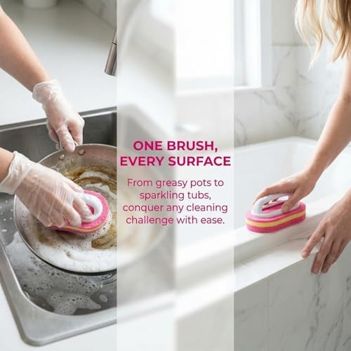 Multifunctional Cleaning Brush with Handle, Thick Sponge Scrubber for Kitchen, Bathroom, Bathtub, Sink & Floor, 1 Pack (Pink)