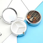Round Guitars Art Pill Box 3 Compartment Metal Pill Case Mirror Portable Travel Mini Medicine Container Compact Medication Storage Organizer Box for Purse Pocket