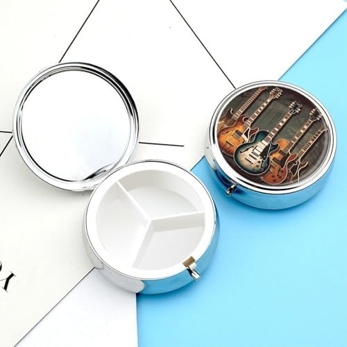 Round Guitars Art Pill Box 3 Compartment Metal Pill Case Mirror Portable Travel Mini Medicine Container Compact Medication Storage Organizer Box for Purse Pocket