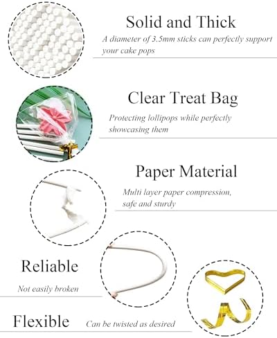 300Pcs Cake Pop Sticks and Wrappers, 6-inch 3.5mm Thick Paper Lollipop Sticks, CHELIZIYA Cakepop Packing Kit for Candy, Chocolate with 100 Sticks, 100 Traet Bags, 100 Twist Ties (Gold Ties)