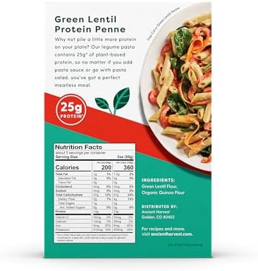 Ancient Harvest Gluten-Free Plant-Based High-Protein Vegan Pasta, Green Lentil and Quinoa Penne, 8 Ounce (Pack of 6)