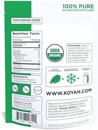 KOYAH - Organic USA Collard Greens Powder (Equivalent to 15 Cups Fresh): Freeze-Dried, Whole-Leaf Powder
