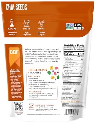 BetterBody Foods Chia Seeds 3 lbs, 48 Oz, with Omega-3, Non-GMO, Gluten Free, Keto Diet Friendly, Vegan, Good Source of Fiber, Add to Smoothies