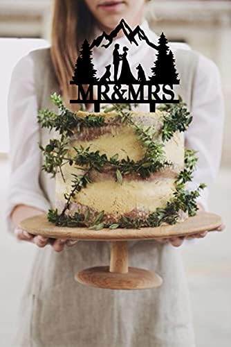 YzYbuaego Mountain Wedding Cake Topper for Forest Theme Outdoors Wedding Party, Bride Groom with 2 Dogs Cake Topper (Mountain and Dog)