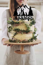 YzYbuaego Mountain Wedding Cake Topper for Forest Theme Outdoors Wedding Party, Bride Groom with 2 Dogs Cake Topper (Mountain and Dog)