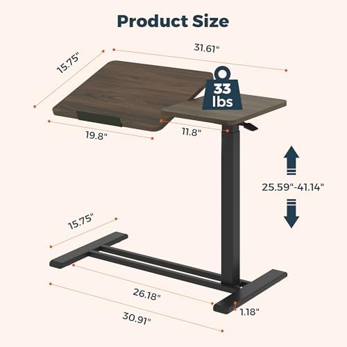 Adjustable Overbed Bedside Table with Wheels, Pneumatic Tilting Desktop Mobile Standing Desk, Rolling Laptop Desk for Bed, Sofa, or Hospital Use, (31.6" W x 15.7" D, Mahogany)