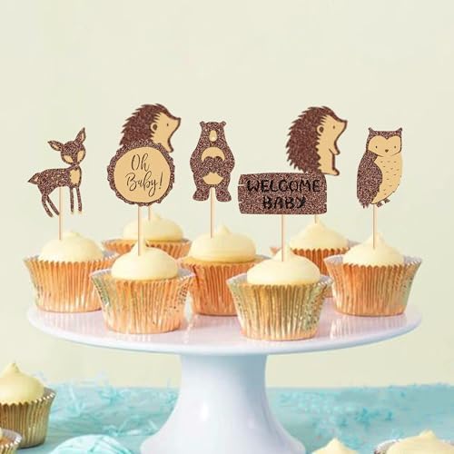Ercadio 24 Pcs Woodland Party Cupcake toppers Picks Welcome Baby Oh Baby Party Decorations Woodland Animals Cake Woodland Theme Baby Boy Girl Birthday Favors Woodland Party Supplies