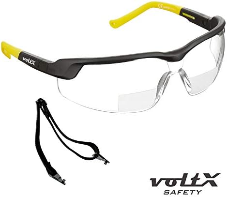 voltX GT ADJUSTABLE Bifocal Reading Safety Glasses (Clear Lens +1.5) ANSI Z87.1+ & CE EN166FT, Anti fog coated UV400 Lens, Tilt & length adjustable earstems, clip on safety cord